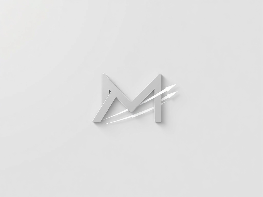 Minimalist geometric icon combining a stylized 'M' and a motion trail, clean lines, silver and white tones. Photorealistic, 8k, commercial photography style.
